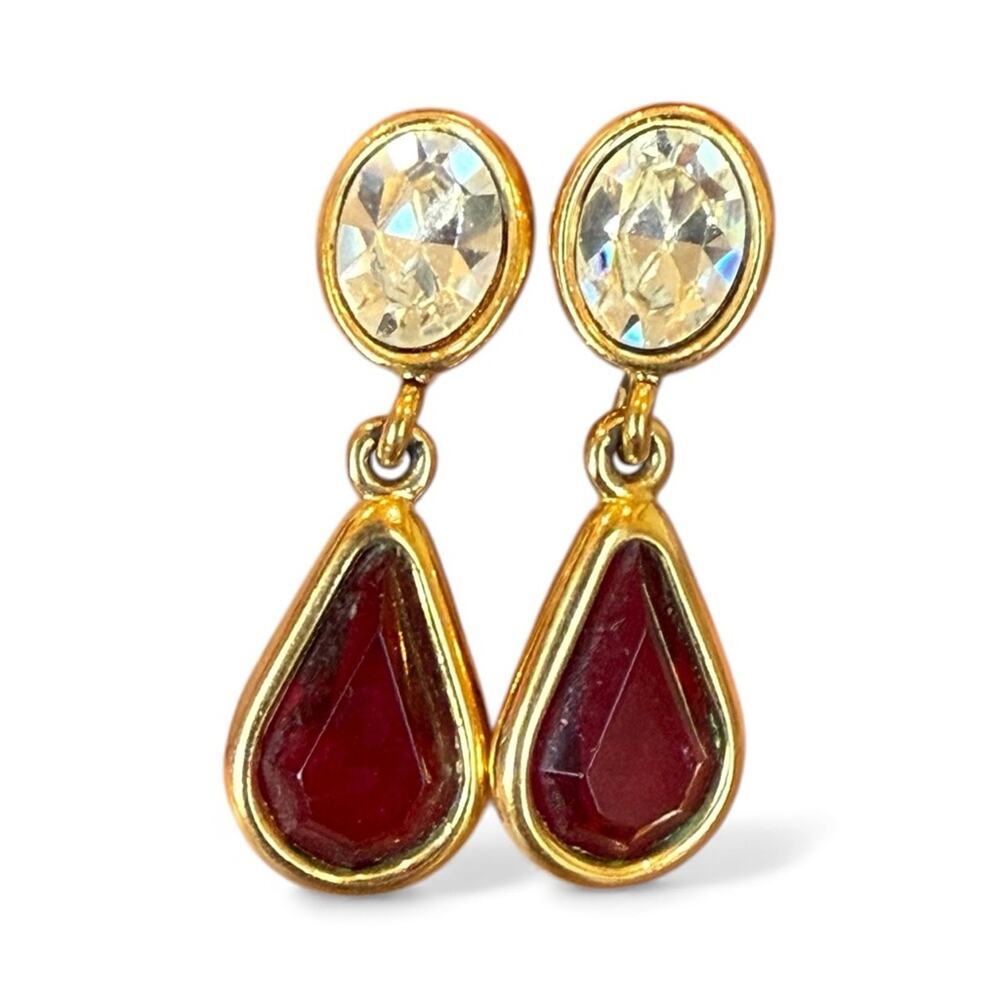 Vintage Monet Red Glass Clear Rhinestone Crystal Dangle Drop Pierced Earrings